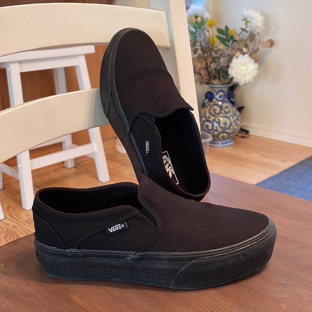 Vans Women's Platform Black Slip Ons- worn twice